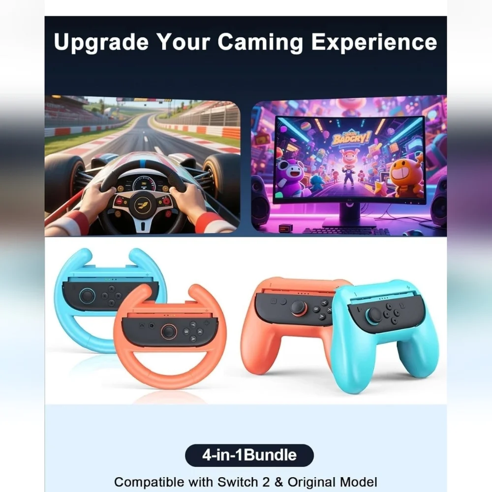 2 Hand Grips and 2 Ergonomic Racing Wheels Handle for Joy Cons Controller